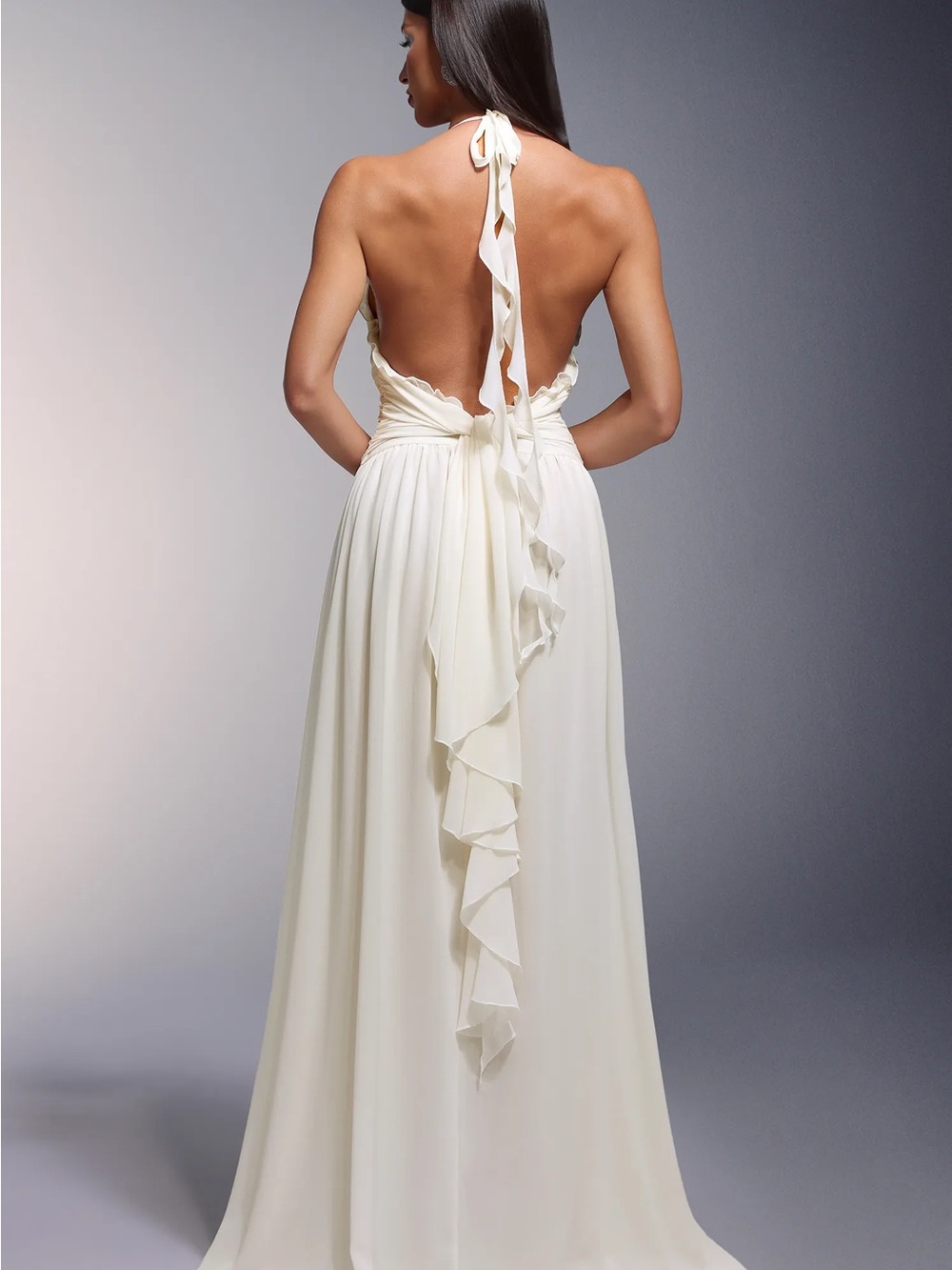 Backless Ivory Halter Ruffle Maxi Dress - Picture 3 of 4